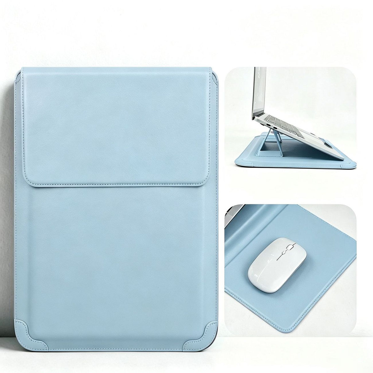 TideWink FlexDesk Sleeve in Light Blue with laptop stand and mouse mat views