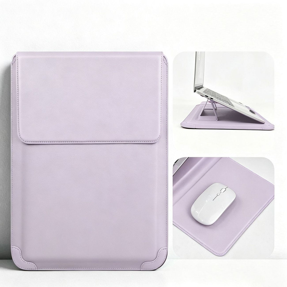 TideWink FlexDesk Sleeve in Light Purple with laptop stand and mouse mat views